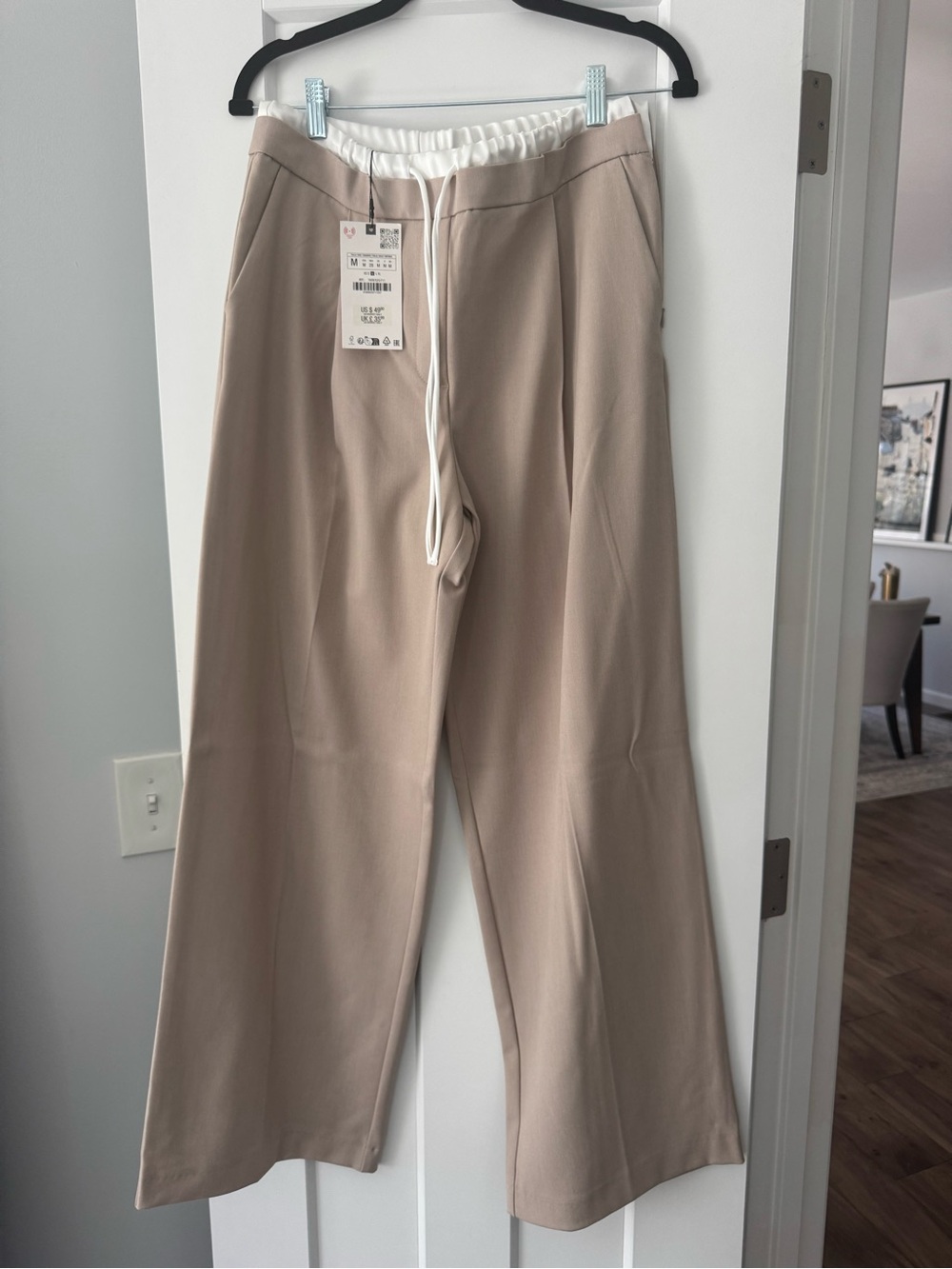 Zara Beige Wide-Leg Drawstring Waist Pants